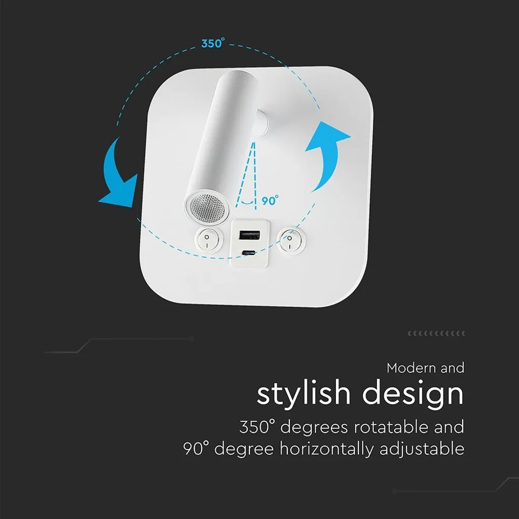 Applique LED 8W blanche orientable avec chargeur rapide USB et PD - 8