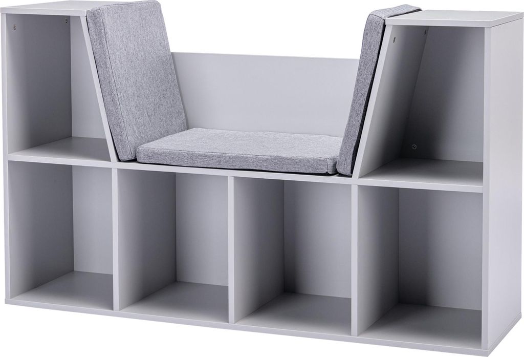 2-in-1 Kinderregal Regal + Sitzbank inkl. Polster 103 cm × 30 cm × 62 cm Weiß + Grau