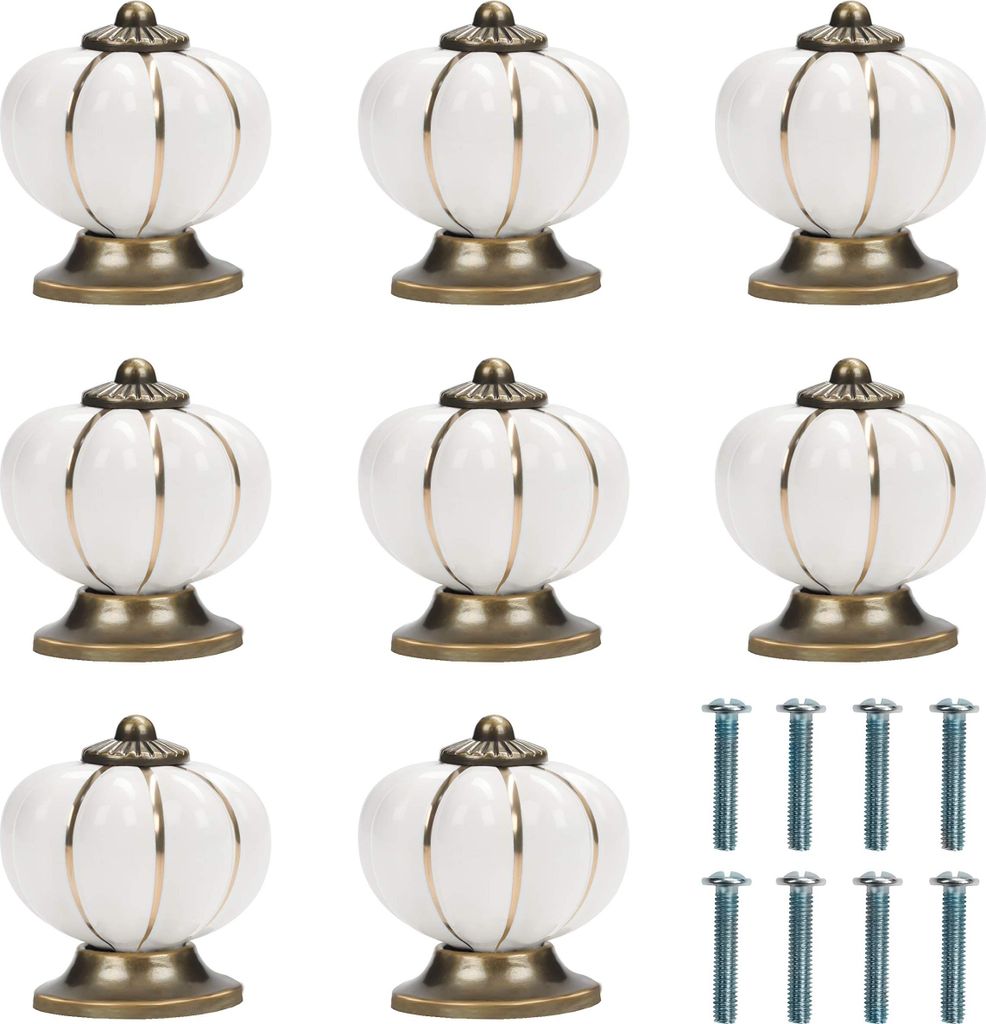 Kurtzy Schrankgriffe Vintage Weiß & Gold Kürbis Keramik Möbelknauf Vintage mit Schrauben (8er Pack) 3,6 x 3,9 cm - Runde Möbelknöpfe Vintage G...