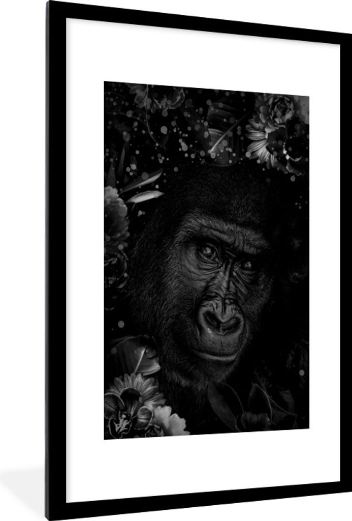 MuchoWow Gerahmtes Poster Botanische Affe mit hellen Kugeln gegen dunklen Hintergrund - schwarz und weiß 60x90 cm - Poster mit Schwarzem Bilderr...