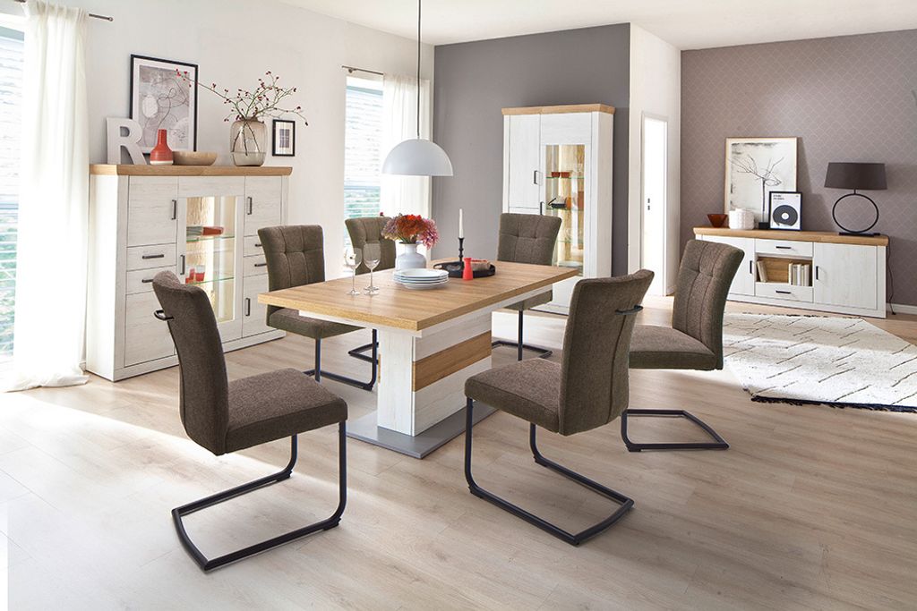 Esszimmer Set mit ausziehbaren Esstisch 180-280cm MARINGA-05 in Pinie Weiß mit Eiche Nb. mit Beleuchtung