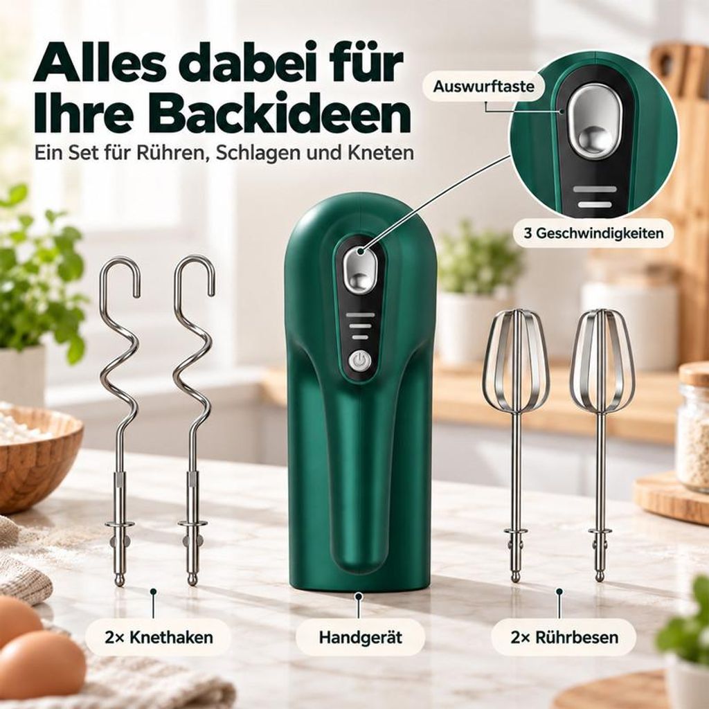 Akku Handmixer kabellos, Handrührgerät mit Knethaken und Rührbesen, 3 Geschwindigkeiten, USB-C Ladegerät, für Teig, Sahne und Backen