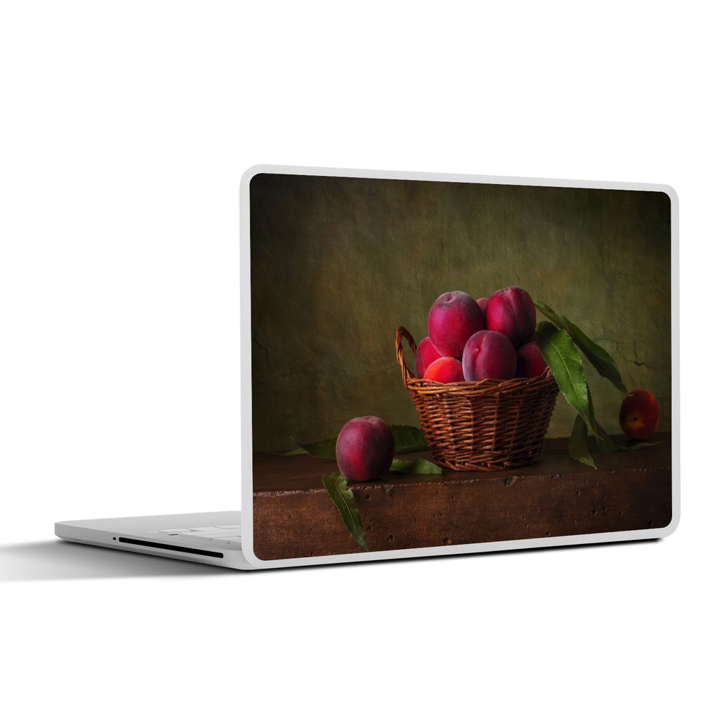 MuchoWow Laptop Aufkleber Sticker Cover Korb - Pflaume - Rosa - Rustikal - Obst - Stilleben 25x18 cm - Laptop-Deko