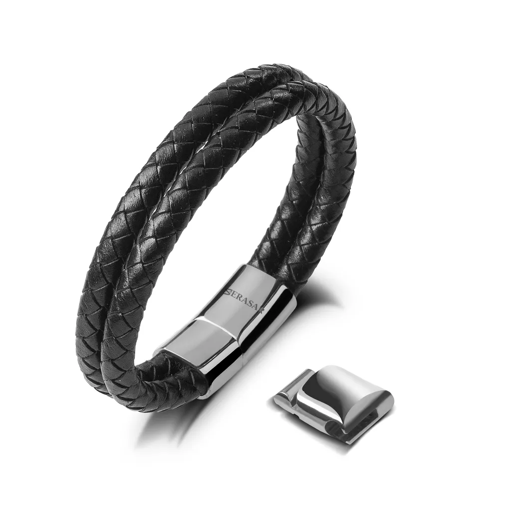 SERASAR Bracelet Cuir Homme Double en Acier Inoxydable Argenté de 17cm