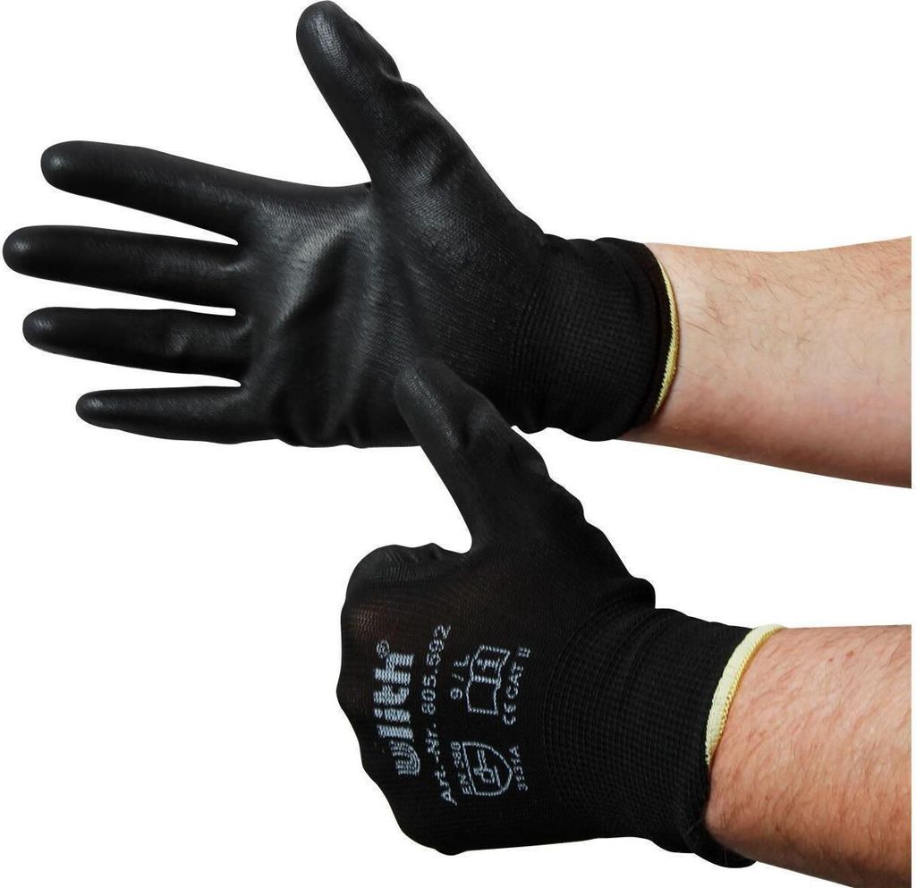 Robuste Feinstrick Montagehandschuhe mit PolyurethanBeschichtung – Sichere Arbeitshandschuhe in Schwarz, Größe 8 (1 Paar)