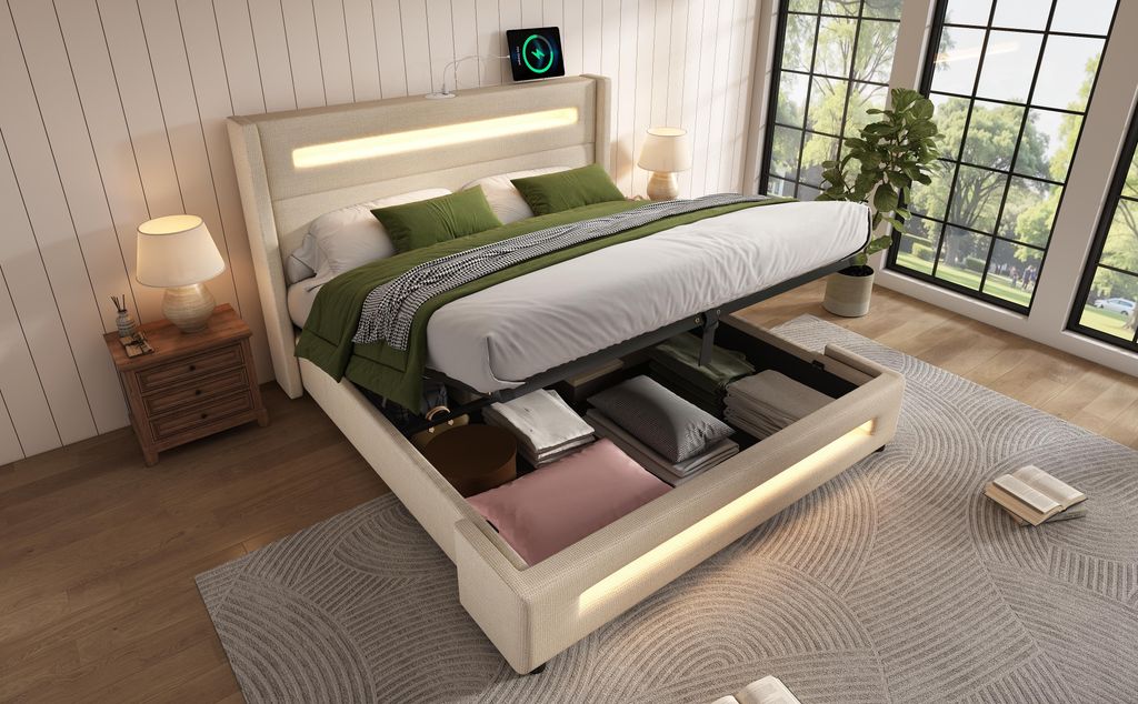 MODFU Polsterbett 140x200,ohne Matratze,Kinderbett mit LED und USB Type-C Aufladen,Jugendbett mit hydraulischem Stauraum,Bettgestell mit Holzlatten...