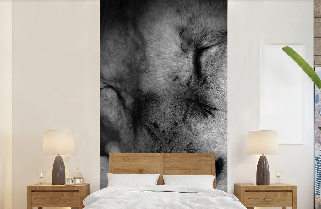 MuchoWow Fototapete für Wohnzimmer oder Schlafzimmer Wandtapete Vinyl Motivtapete Tierprofil schlafender Löwe in schwarz und weiß - 120x240 cm...