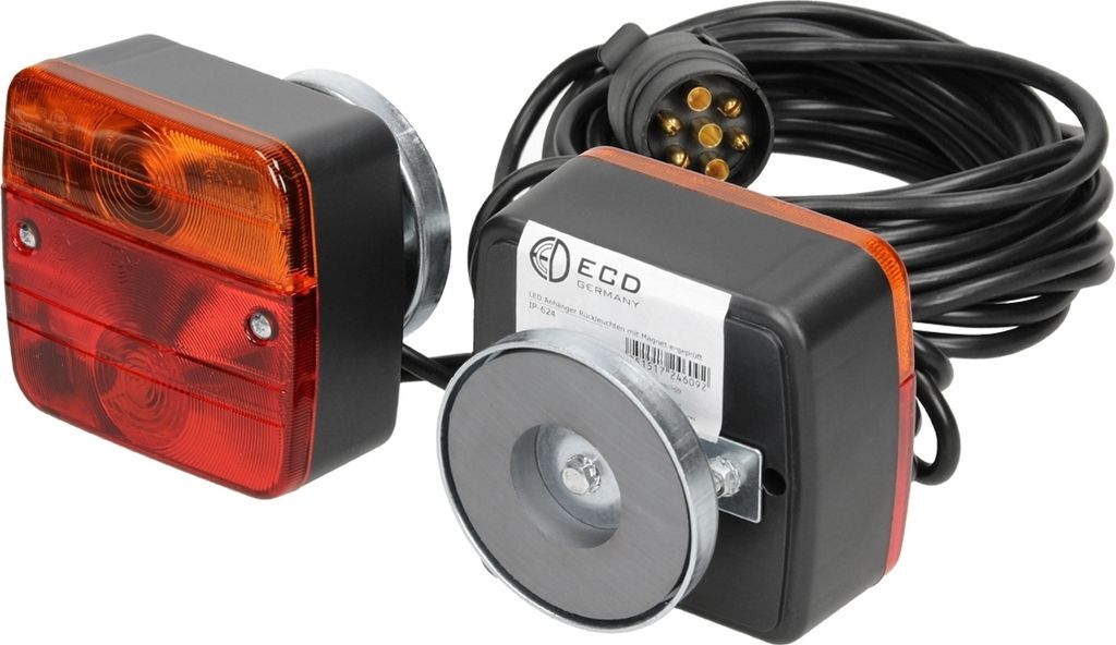 ECD Germany Halogen Anhänger Rückleuchten mit Magneten 12V, mit E4 Prüfzeichen, verkabelt mit 7-poligem Stecker, 7,5m Kabel, 2 Glühbirnen 21W