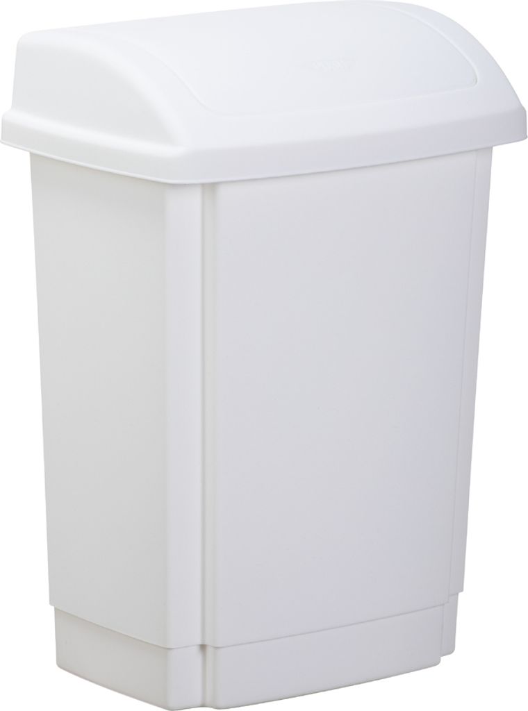 A white plastic trash can with a swing lid.