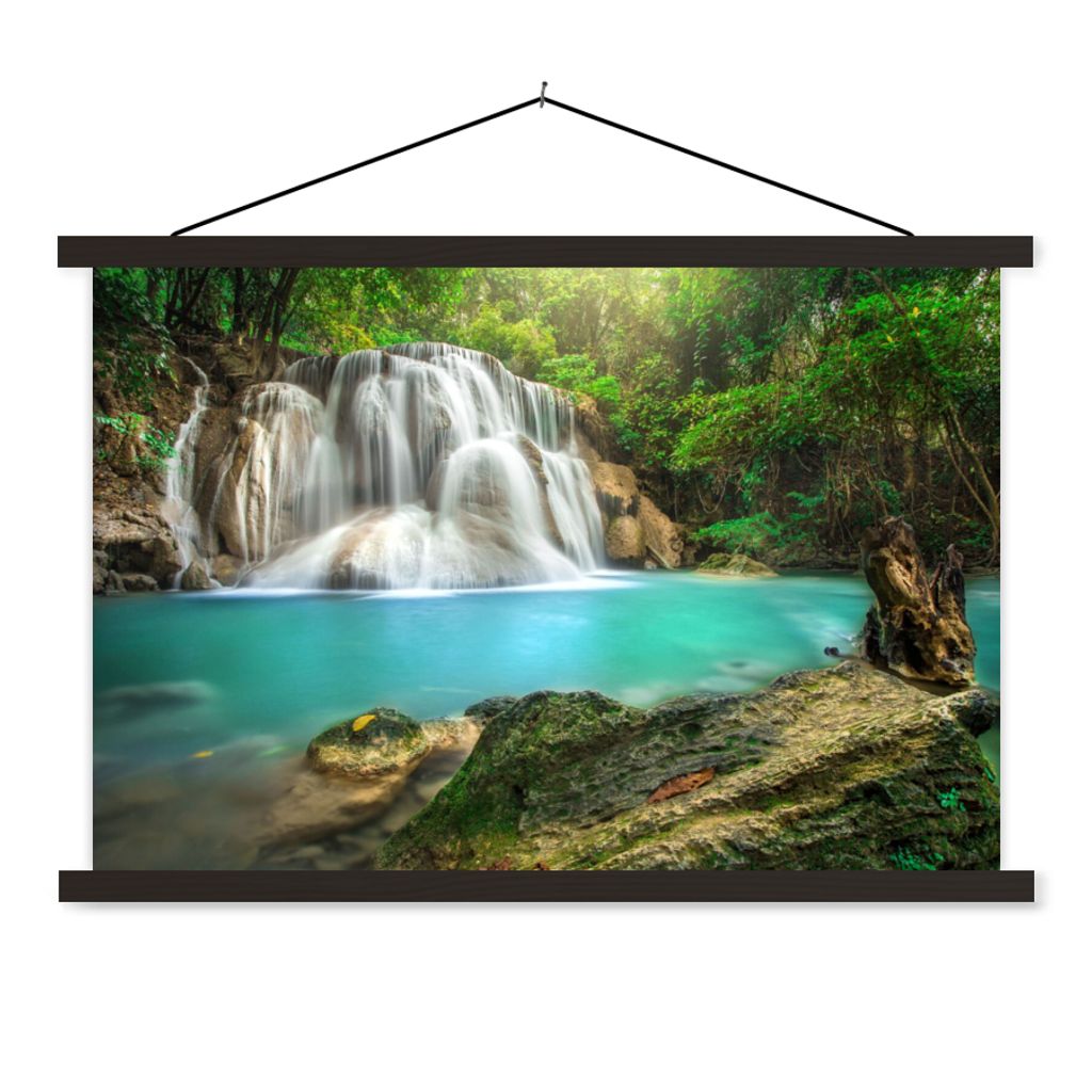 MuchoWow Textilposter Wald - Wasserfall - Natur 120x80 cm mit schwarzem Rahmen - Wanddeko