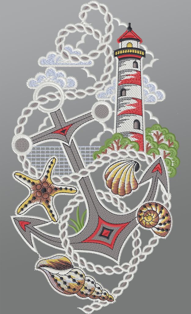 Fensterbild aus Plauener Spitze - Küstenromantik (BxH) 16cm x 32cm, mehrfarbig, Fensterdekoration und Fensterschmuck