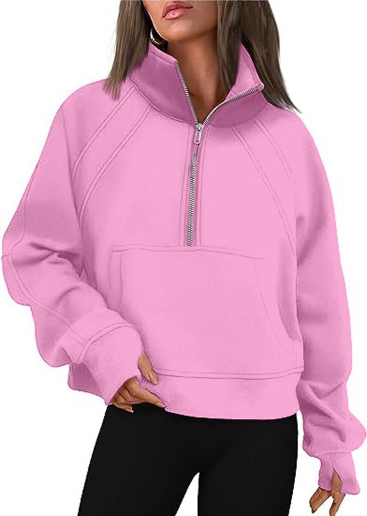 ASKSA Damen Sweatshirt Stehkragen Reissverschluss Pullover Einfarbige Fleece Oberteile, Rosa, S
