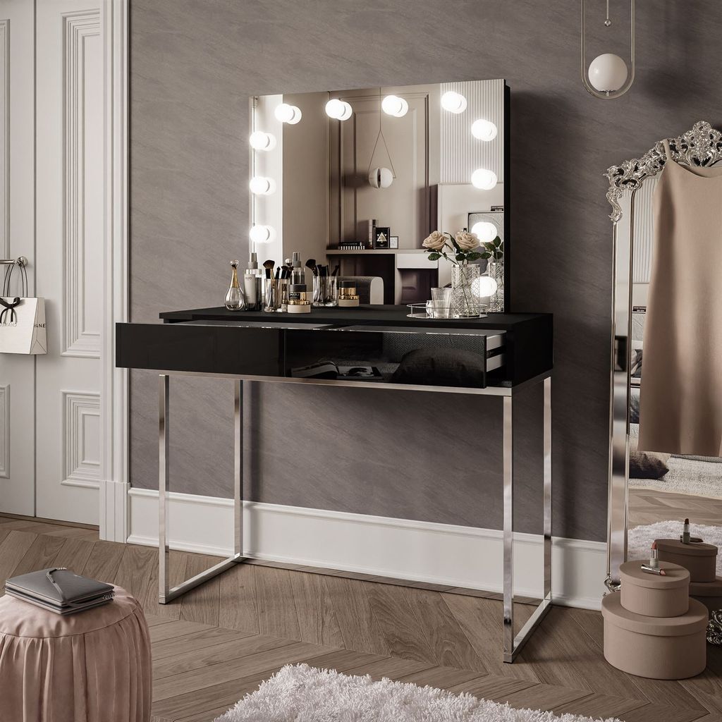 Schminktisch BLANCO GLAMOUR ELITE mit Spiegel und Beleuchtung schwarz Hochglanz