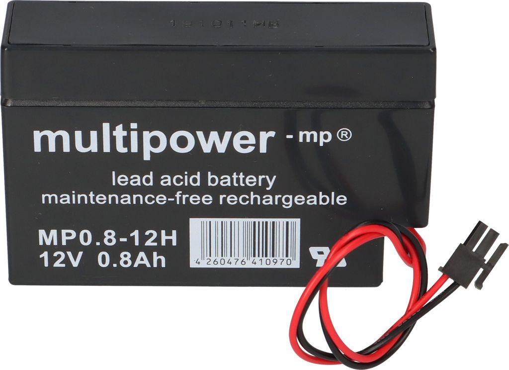 A black multipower lead acid battery with red and black wires attached.