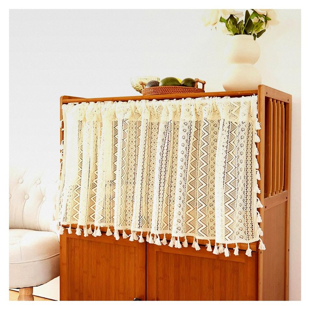 Kurze Scheibengardinen Boho, Spitze 45 cm hoch mit Quaste, Bistrogardine Beige, Vorhang für Schrank, ohne Bohren, Polyester, Häkeloptik, halbtran...