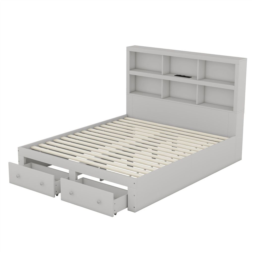 Doppelbett(Grau,160*200cm)Massivholz, Kingsize-Plattformbett mit zwei Schubladen am Fußende des Bettes, Kopfteil mit Stauraum