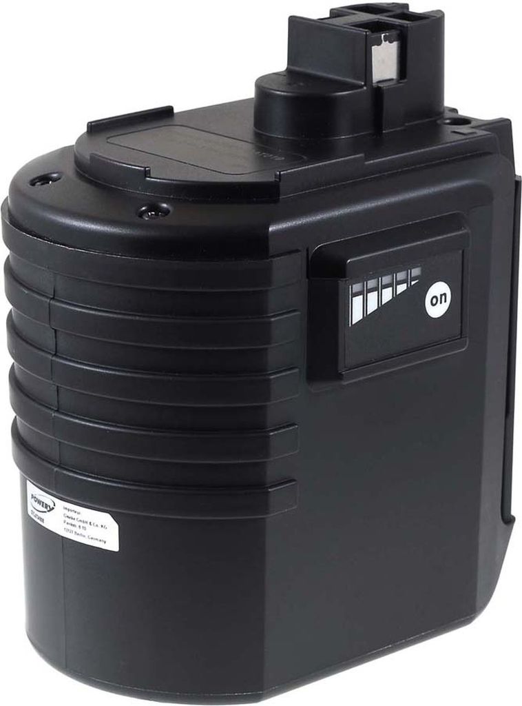 A black power tool battery pack is shown from a three-quarter angle against a white background.