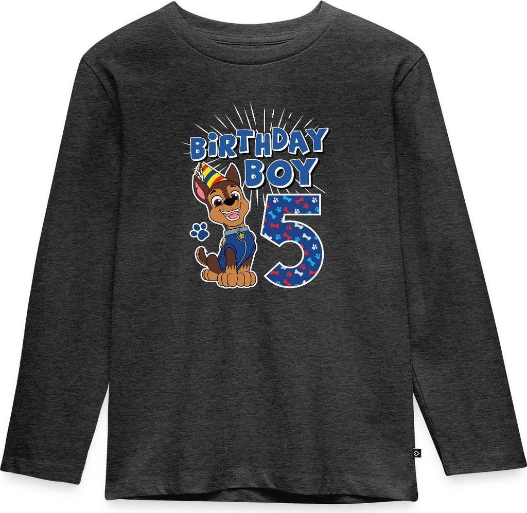 Spreadshirt Paw Patrol Geschenk 5 Jahre Alt 5. Geburtstag Chase Kinder Premium Langarmshirt, 122/128 (6 Jahre), Anthrazit meliert