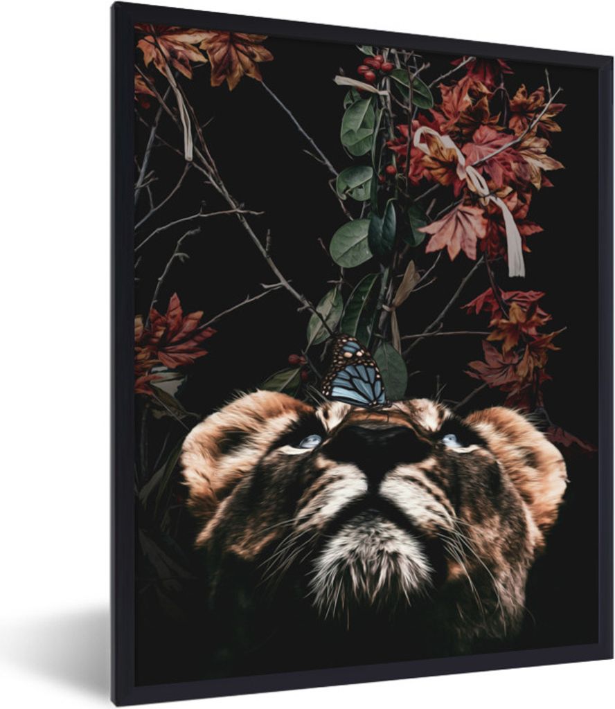 MuchoWow MuchoWow Gerahmtes Poster Tiger - Schmetterling - Blumen 30x40 cm - Poster mit zchwarzem Bilderrahmen - Wanddeko - Kunstdrucke