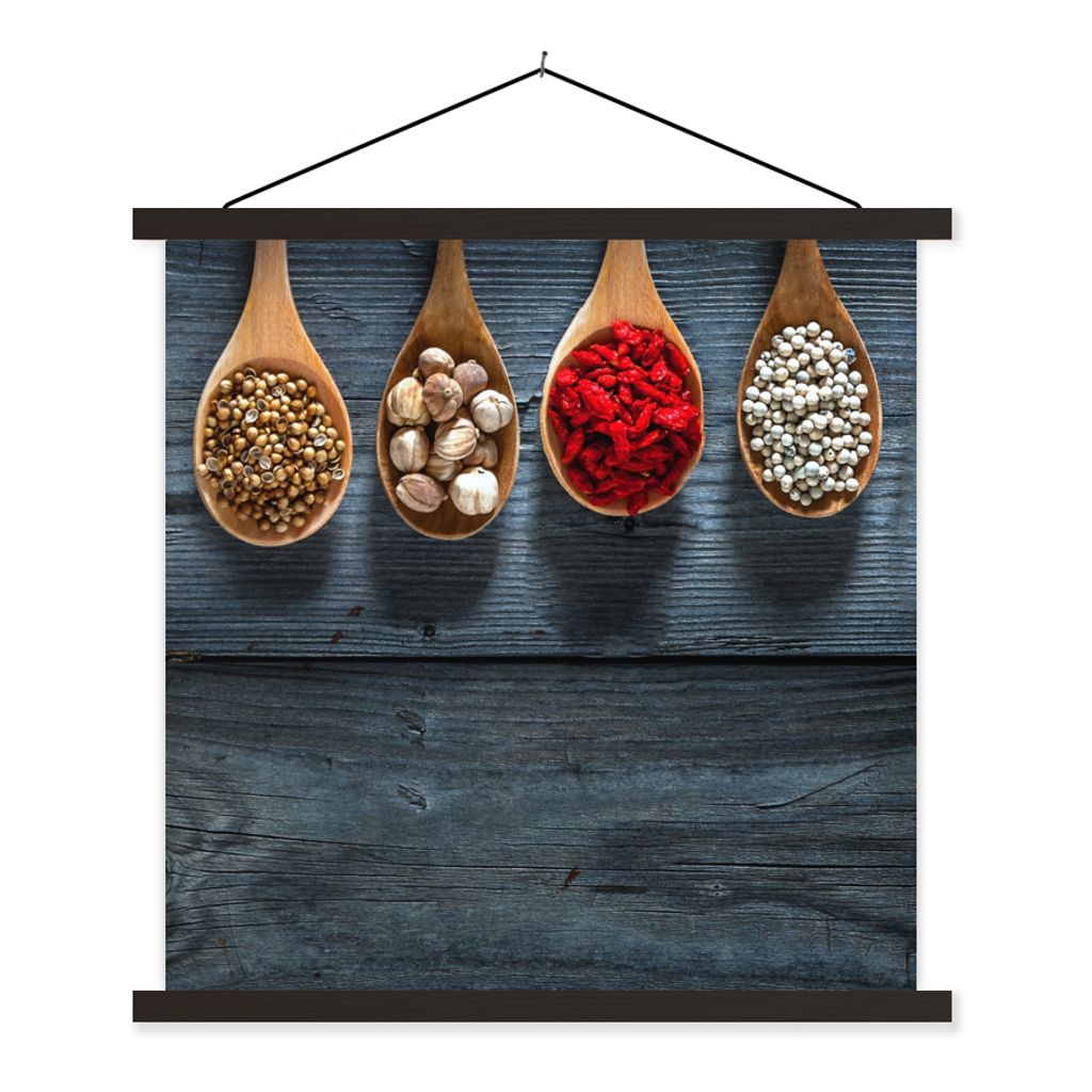 MuchoWow Textilposter Gewürze - Löffel - Holz - Küche - Gewürze - Industrie 40x40 cm mit schwarzem Rahmen - Fotos