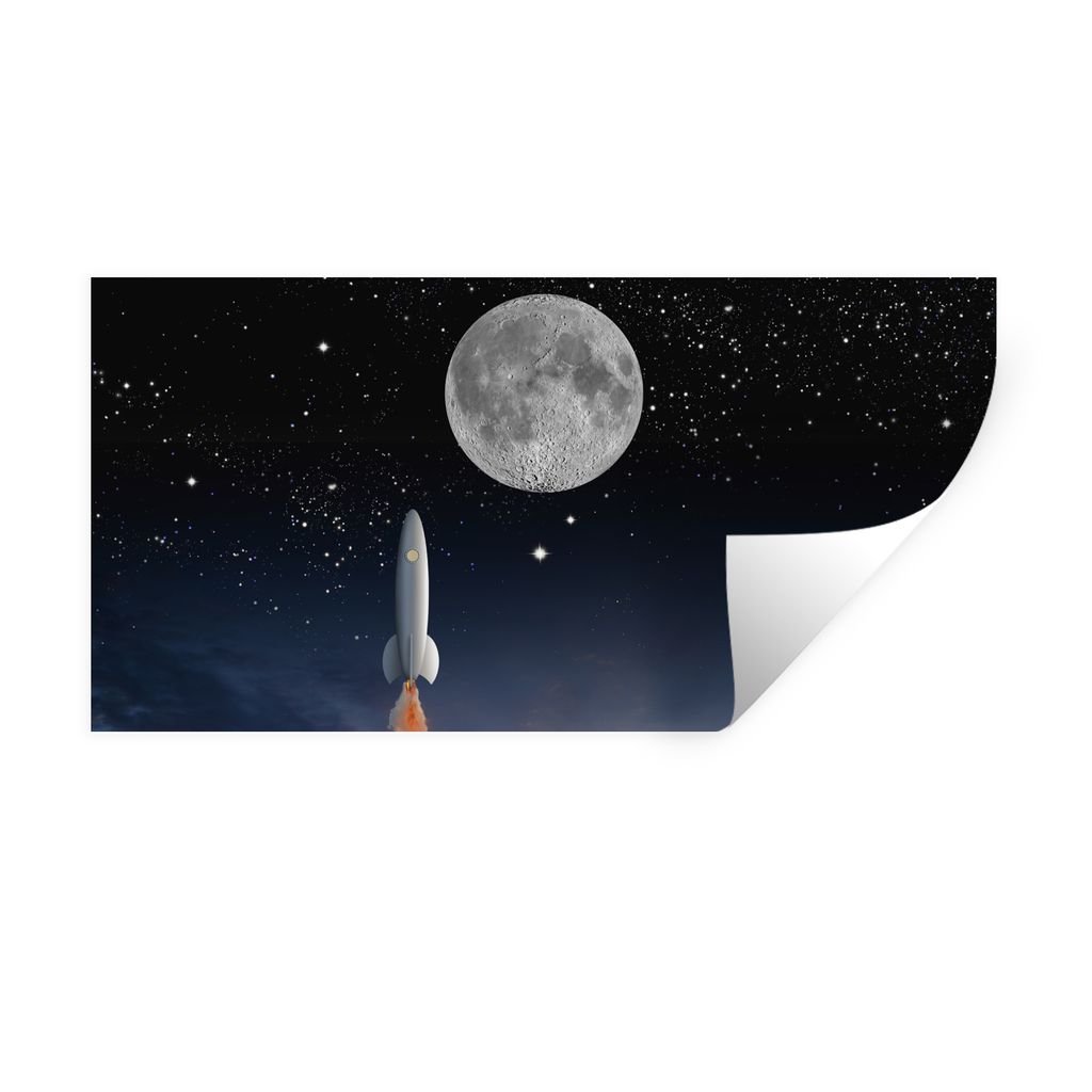 MuchoWow Wandtattoo Wandsticker Wandaufkleber Eine Illustration der Raumfähre und des Vollmondes 120x60 cm Selbstklebend und Repositionierbar - ...