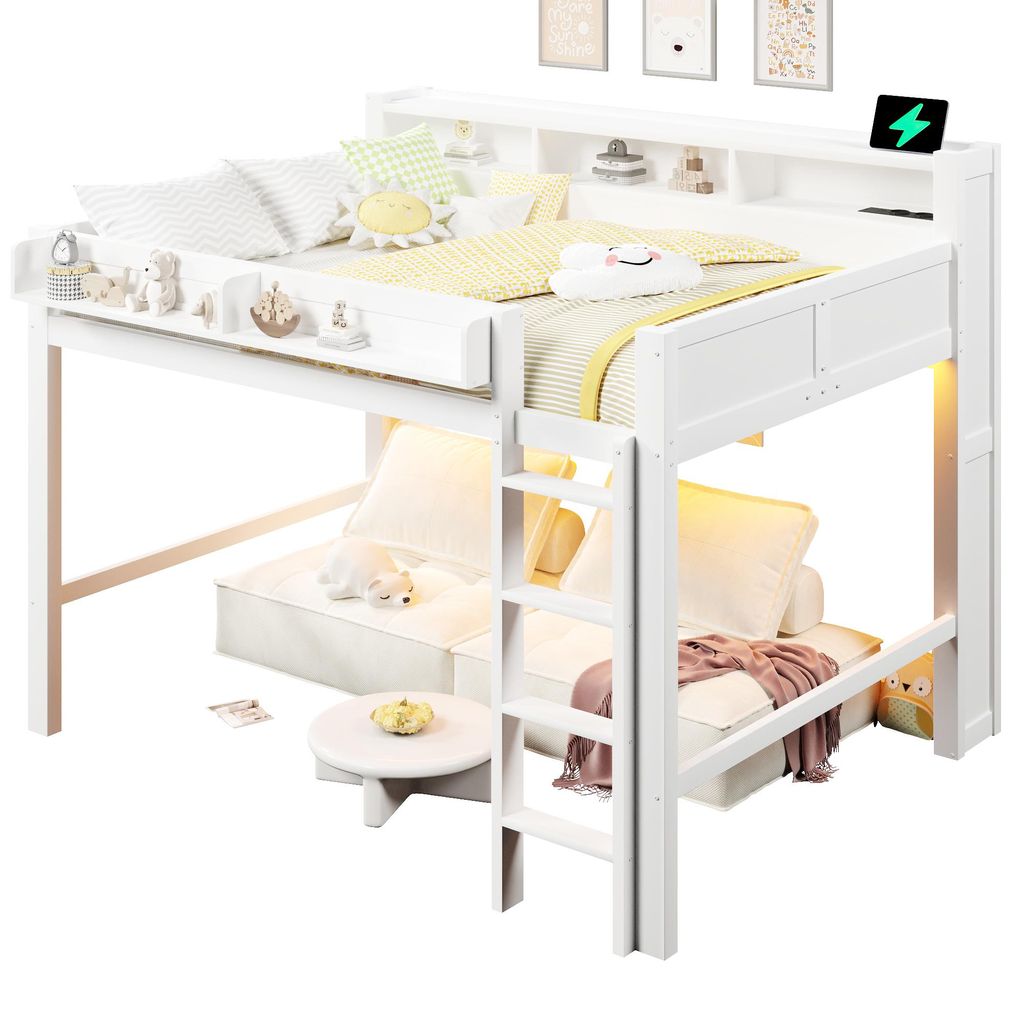 Hochbett mit RGB LED-Beleuchtung, Lattenrost, Regal, Schrank, Trittleiter, Rausfallschutz, USB und Type-C, 140x200 cm, Kinderbett, Kiefer