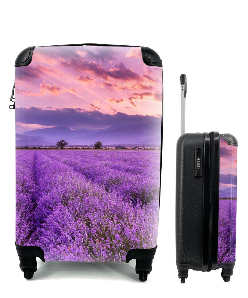 MuchoWow Koffer Handgepäck Trolley Rollkoffer Kleine Reisekoffer mit 4 Rollen - Lavendel - Lila - Blumen - Feld - Cabin Size < 55x40x23 cm & 55x...