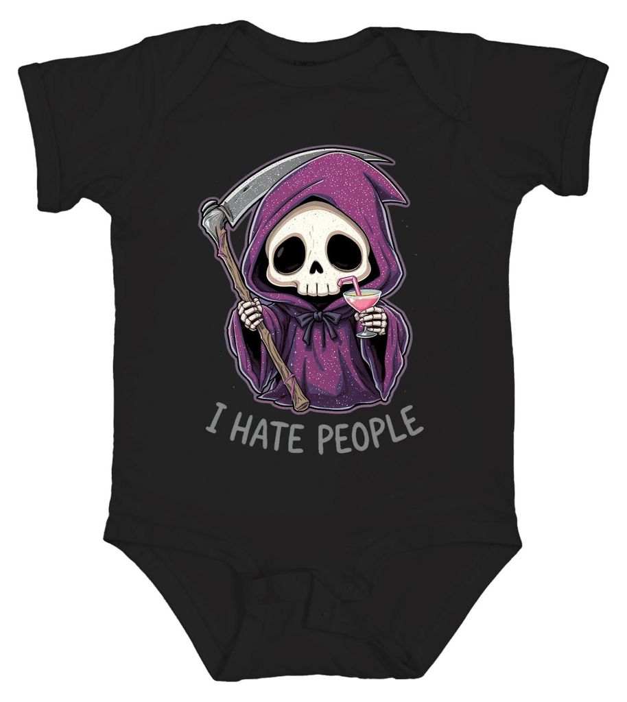 I Hate People Sensenmann Skelett Cocktail lila rosa Gothic lustig Unisex Baby Body, Schwarz, 18/24
