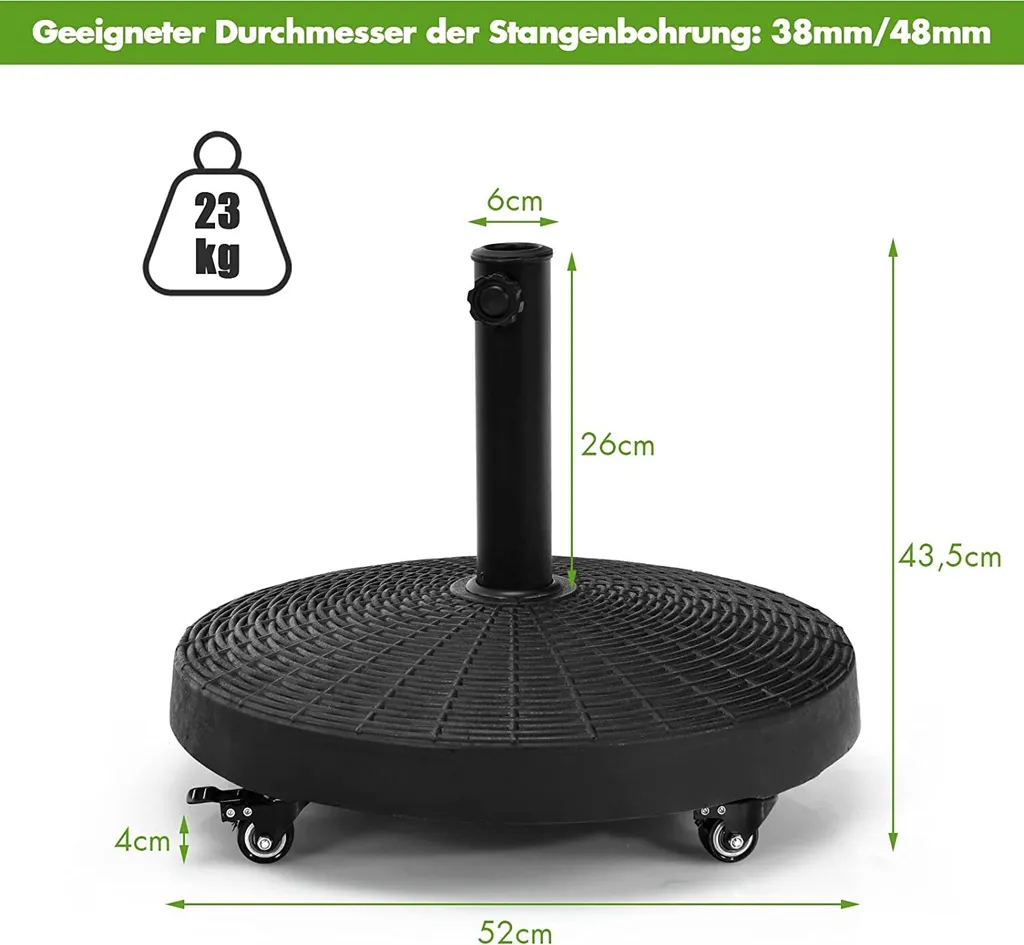 Socle de parasol mobile 23kg idéal pour jardin, piscine et terrasse