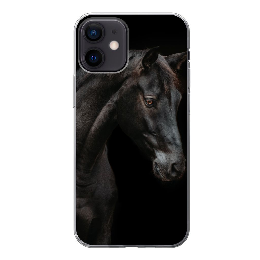 MuchoWow Handyhülle Schutzhülle Hülle für iPhone 12 Pferd - Tier - Schwarz Silikon Softcase Handy Hülle - Schutzhülle