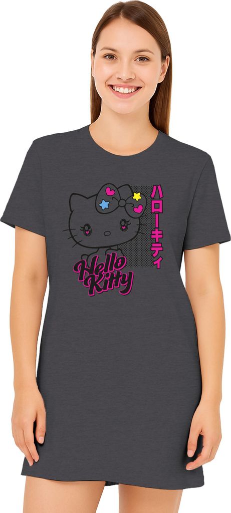 Hello Kitty Nachthemd für Damen - Schlafshirt Pyjama Kurzarm Oberteil Grau XL