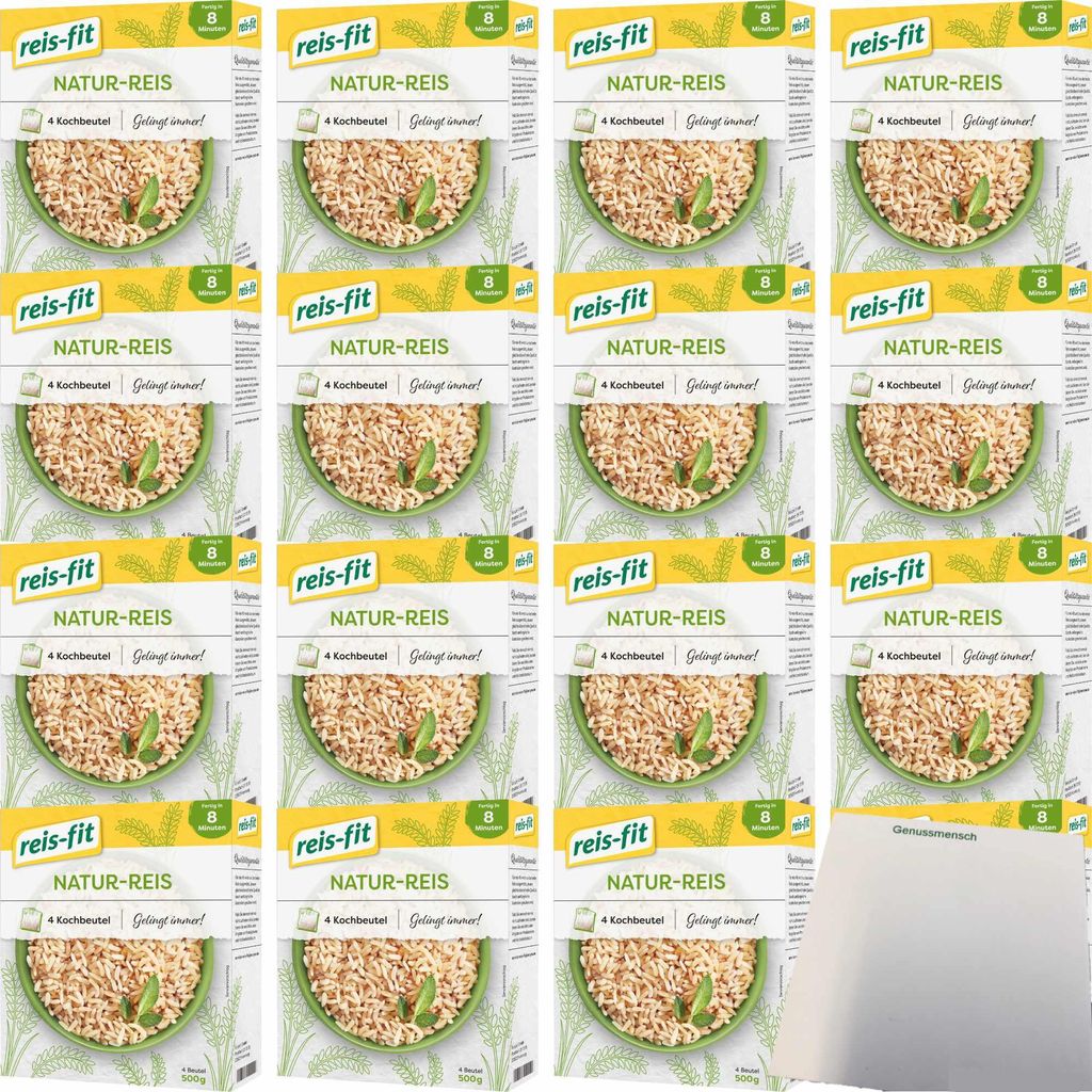 reis-fit 8 Minuten Natur Reis 16er Pack (16x500g Packung) + usy Block