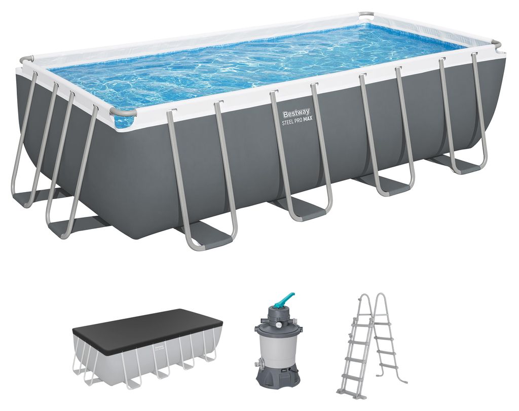 Bestway Steel Pro MAX Frame Pool Komplett-Set mit Sandfilteranlage 488 x 244 x 122 cm, grau, eckig