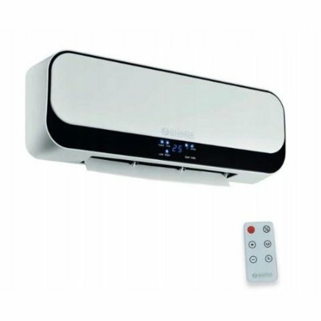 A white and black wall-mounted electric heater with a remote control on a white background.