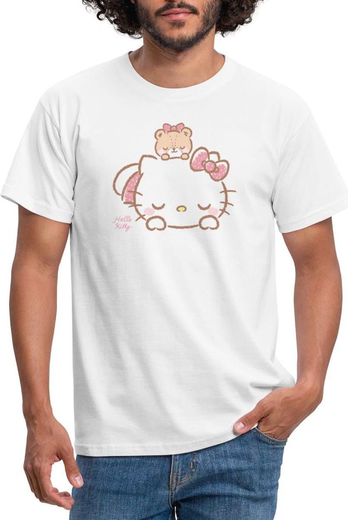 Spreadshirt Hello Kitty Mit Teddy Auf Dem Rücken Männer T-Shirt, S, Weiß