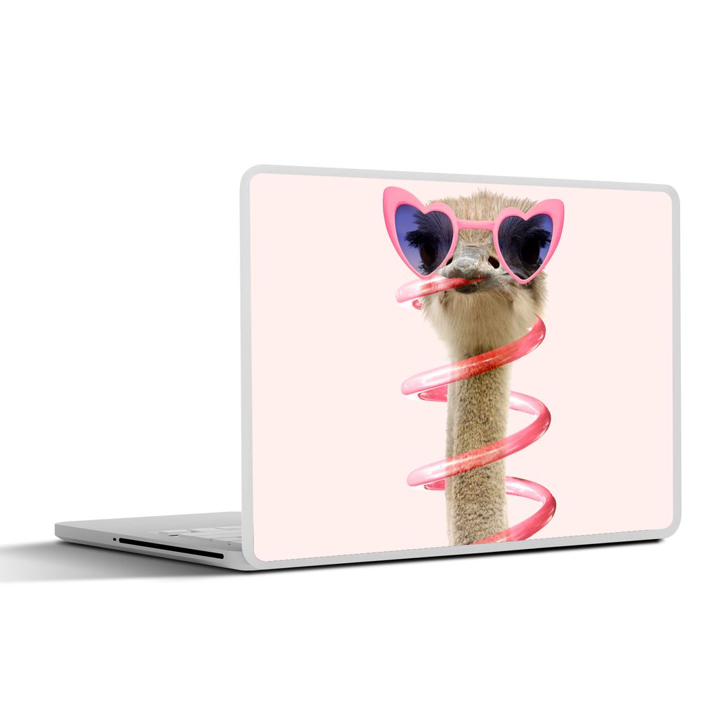 MuchoWow Laptop Aufkleber Sticker Cover Strauß - Sonnenbrille - Rosa - Tiere 36.5x27.5 cm - Laptop-Sticker