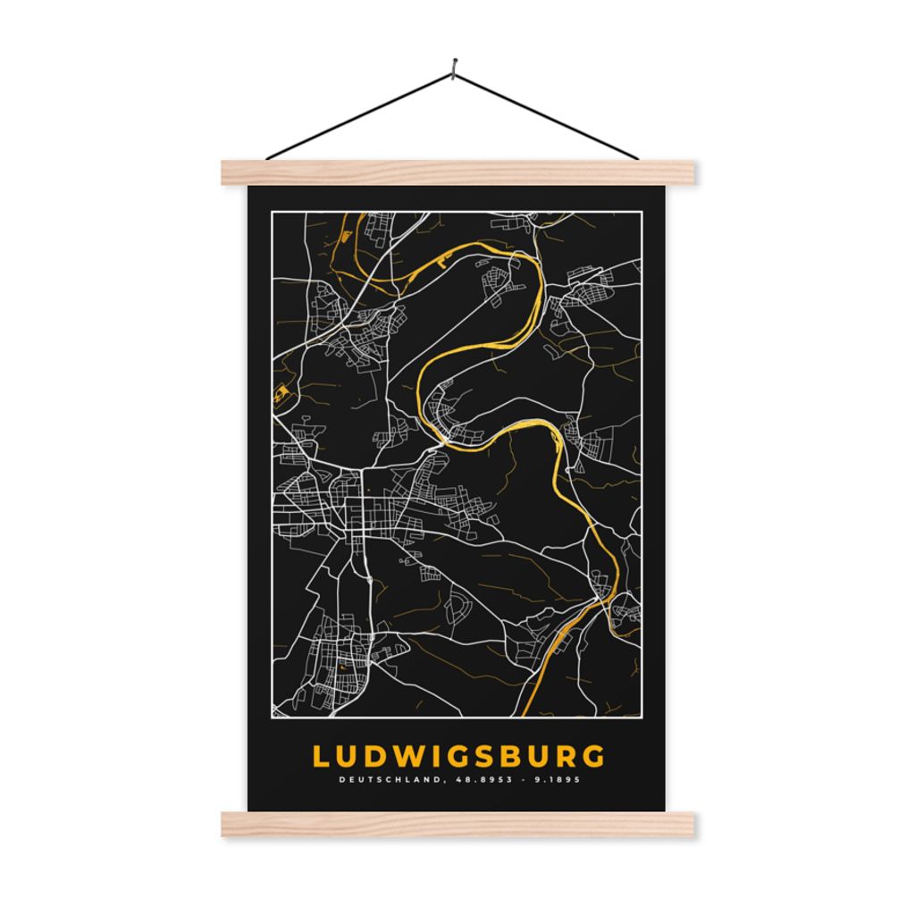 MuchoWow Textilposter Ludwigsburg - Gold - Deutschland - Stadtplan - Karte 40x60 cm mit holzfarbenen Rahmen - Poster
