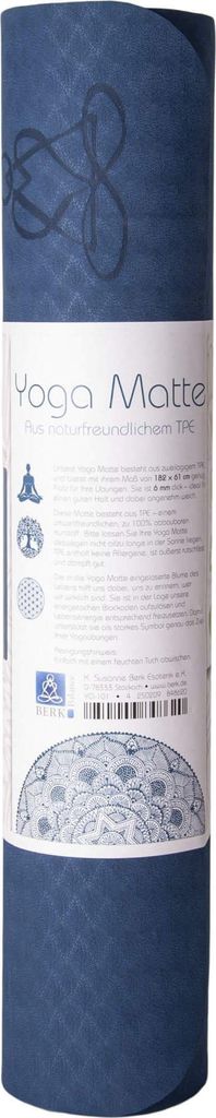Berk Yogamatte Blau | 182 x 61 cm | 6 mm | zweischichtig | mit Blume des Lebens | aus umweltfreundlichem TPE