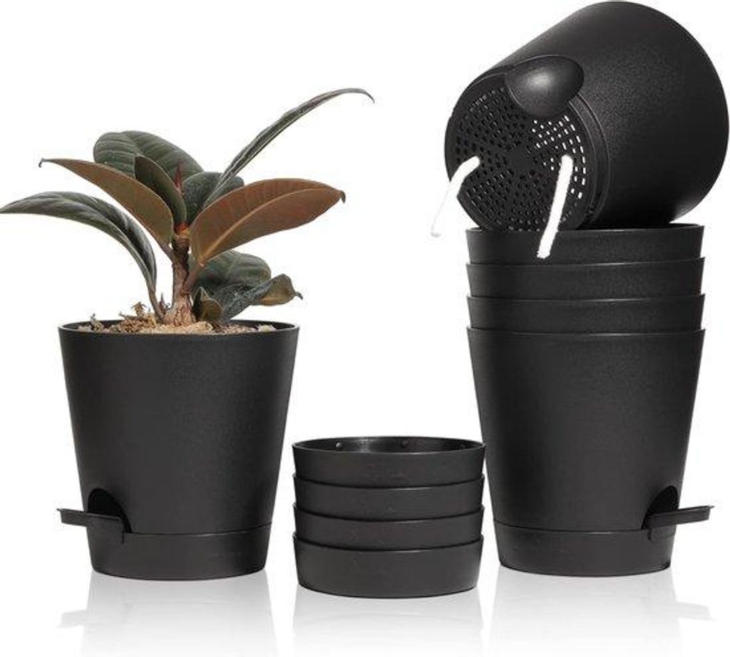 Kunststof-Blumenpflanzerset mit Bewässerungssystem - Schwarz - Set von 6 - Runde Topfpflanze für Innen- und Außenbereich