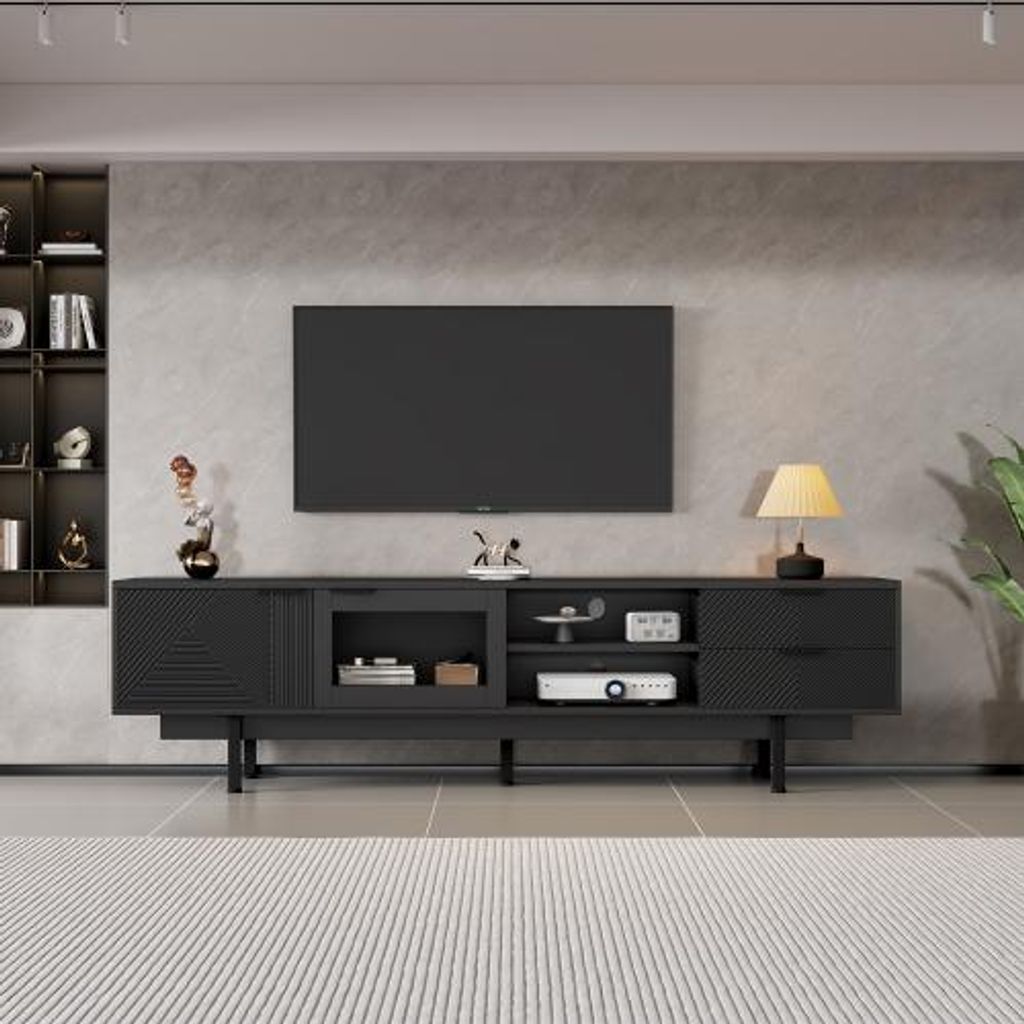 Moderner TV-Schrank 200x40x50.5cm Schwarz Lowboard Fernsehschrank 2 Tueren 2 Schubladen Grosser Stauraum 80 Zoll Fernseher Standschrank Tisch Staender
