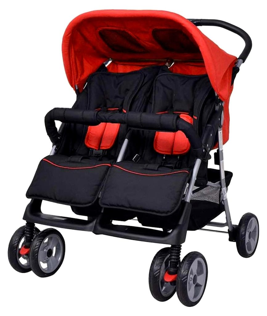 Doppelkinderwagen, Zweisitzer-Kinderwagen für Zwillinge, faltbar, Stahl, Rot und Schwarz