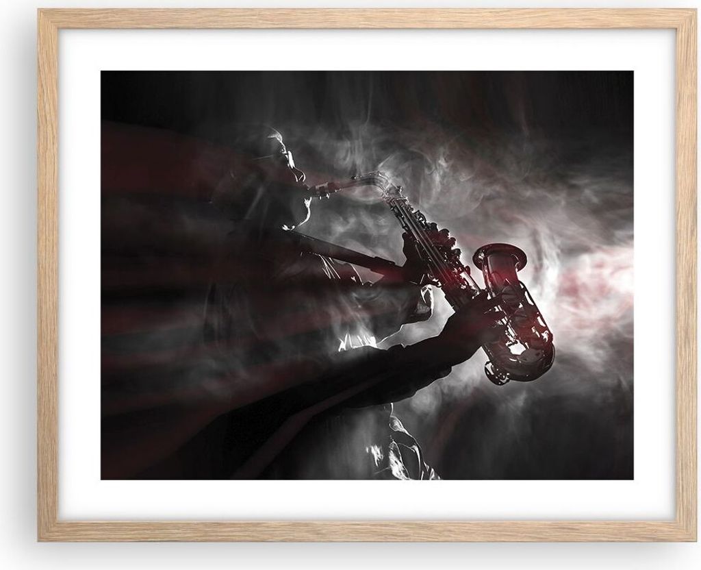Gerahmtes Poster - Rahmen in heller Eiche - Musiker Saxophonist Schwarz - 50x40 cm - Wand Bild - Wanddeko - Wandbilder - Wandposter - Bilderrahmen ...