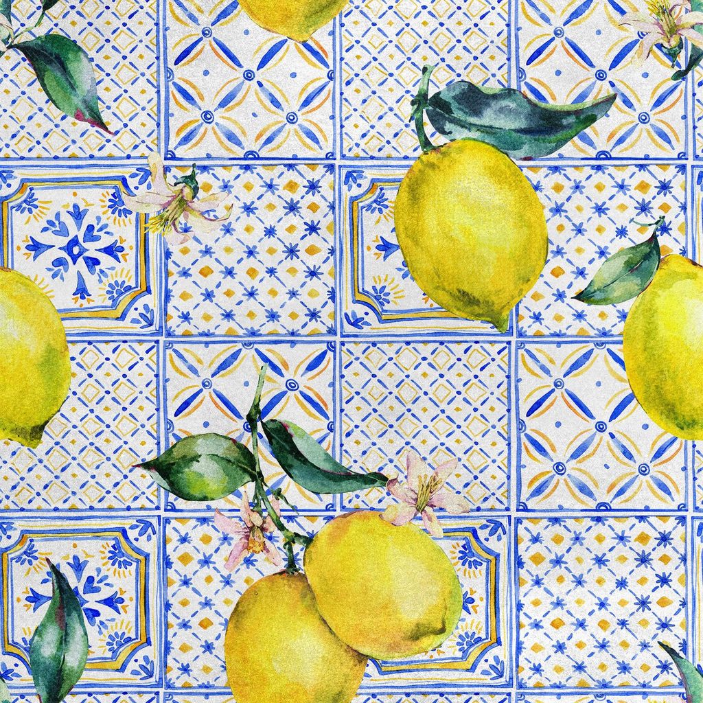 Royal Samt Stoff Polyester Zum Nähen - Motiv Zitronen auf einem blauen Ornament