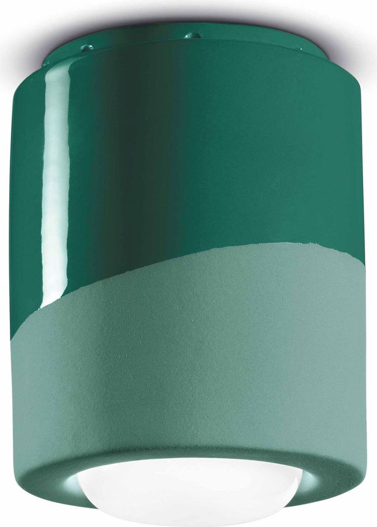 Spot Lampe Decke Keramik E27 Ø 12,5 cm rund Aufputz Flaschengrün Retro Keramikleuchte