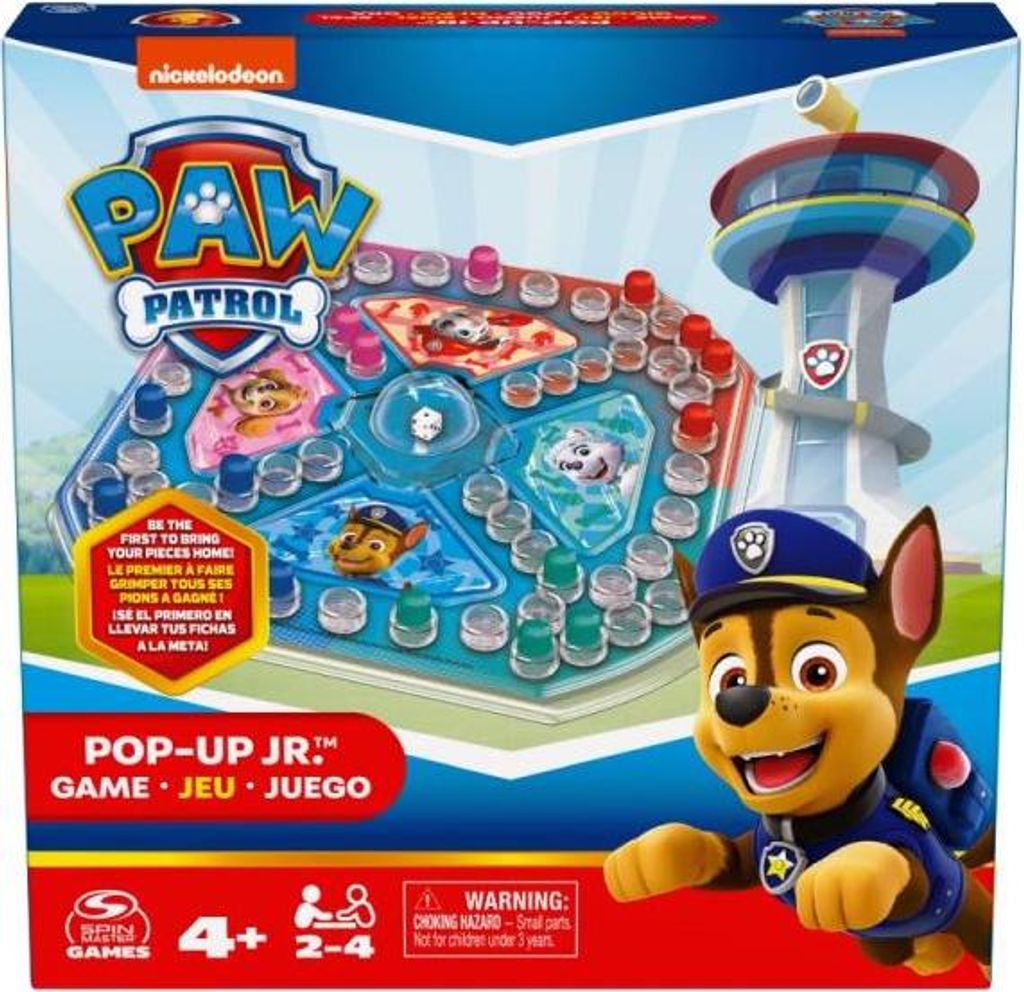The image shows the packaging of a Paw Patrol board game, featuring the character Chase.