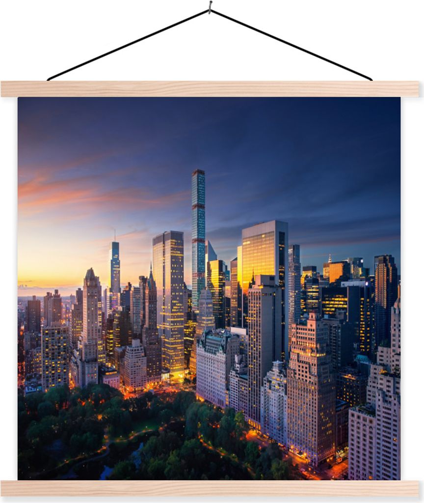 MuchoWow Textilposter New York - Sonnenuntergang - Skyline 40x40 cm mit holzfarbenen Rahmen - Posterleiste