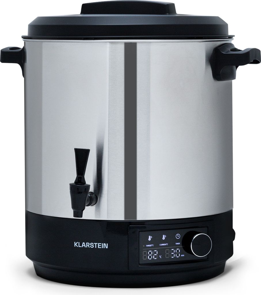 A stainless steel electric kettle with a black lid and base, featuring a digital display and a spigot.