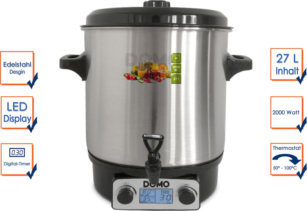 Domo DO42325PC, 27 l, Schwarz, Edelstahl, 30 °C, 100 °C, Produktbild 