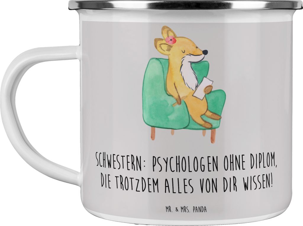 Mr. & Mrs. Panda Pott Schwestern Psychologen - Grau Pastell - Geschenk, Familie, Schwester, Emaille Becher, Lächeln, Haferl, Geschwister, Kaffeepo...