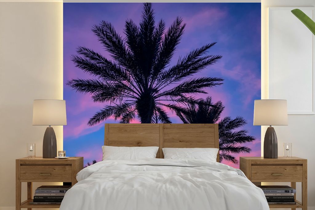MuchoWow Fototapete für Wohnzimmer oder Schlafzimmer Wandtapete Vinyl Motivtapete Palmen und ein Sonnenuntergang - 260x260 cm - Papiertapeten